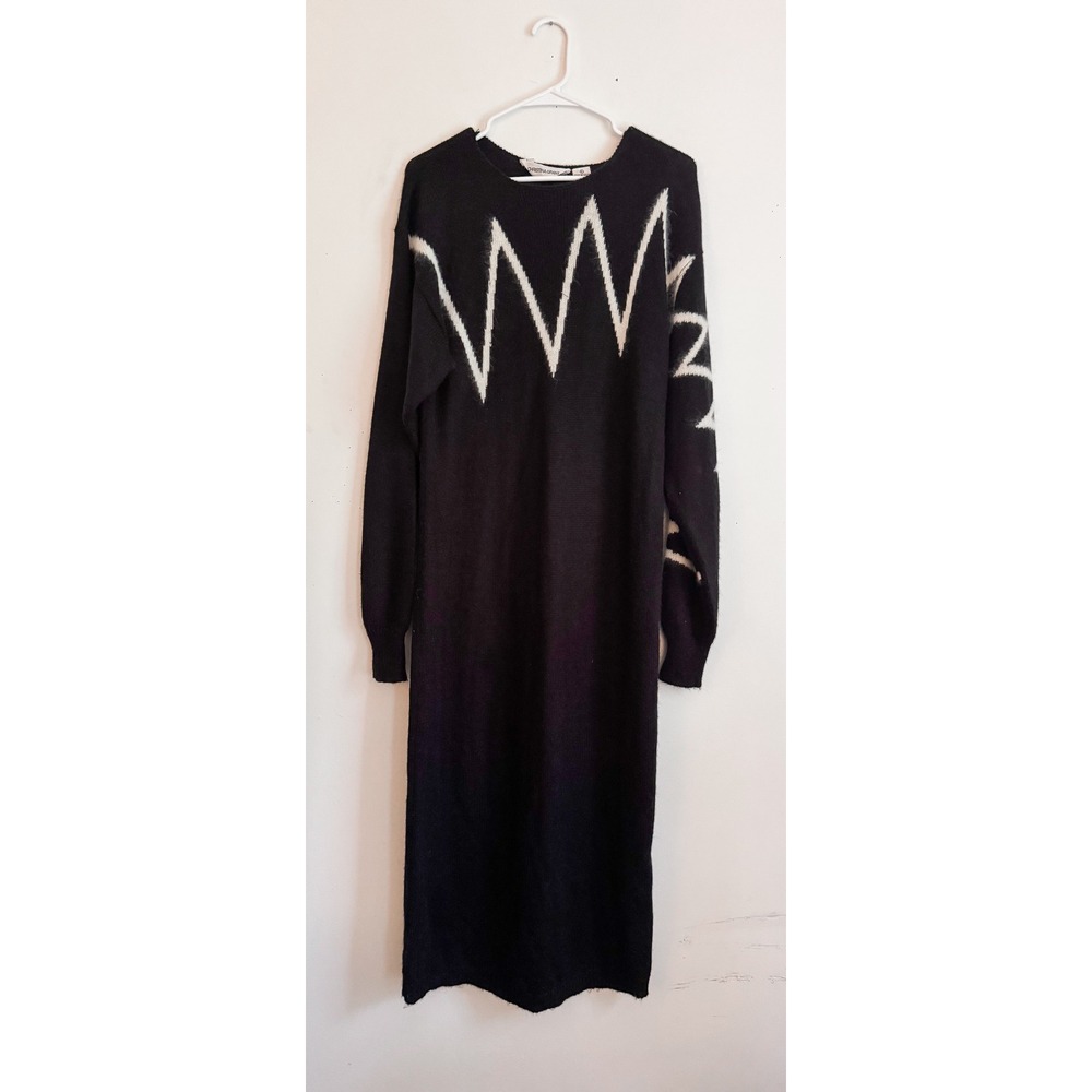 Vintage 80's Black & White Zigzag Angora Blend Knit Sweater Dress Womens Large